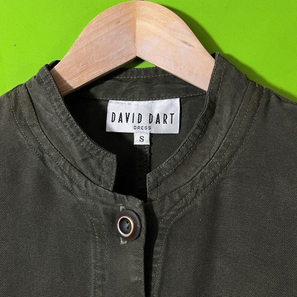 DAVID DART Olive Green Vtg Button Front Dress Size S Mandarin Collar Utility - Picture 2 of 5